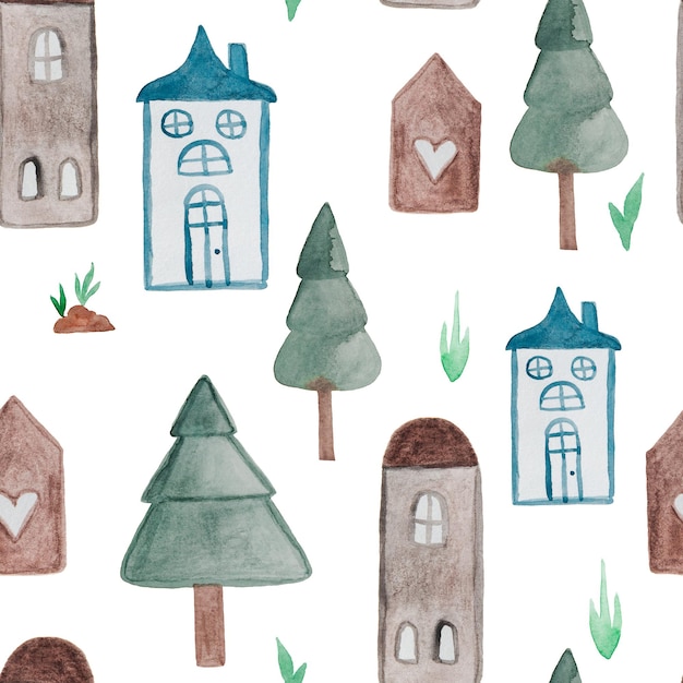 Seamless pattern Hand painting watercolor cute houses and christmas trees on white background