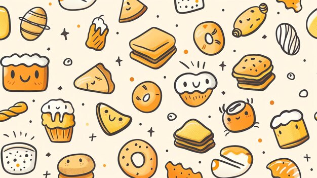 Photo a seamless pattern of handdrawn bakery items the pattern features various pastries breads and cakes all drawn in a simple cartoon style