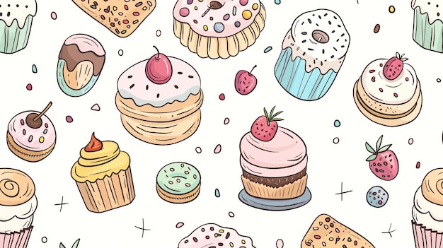 Photo a seamless pattern of handdrawn cakes cupcakes and other pastries