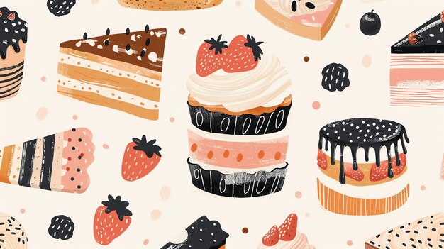 Photo a seamless pattern of handdrawn cakes and pastries