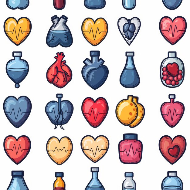 Seamless pattern heart with medicine icons white background