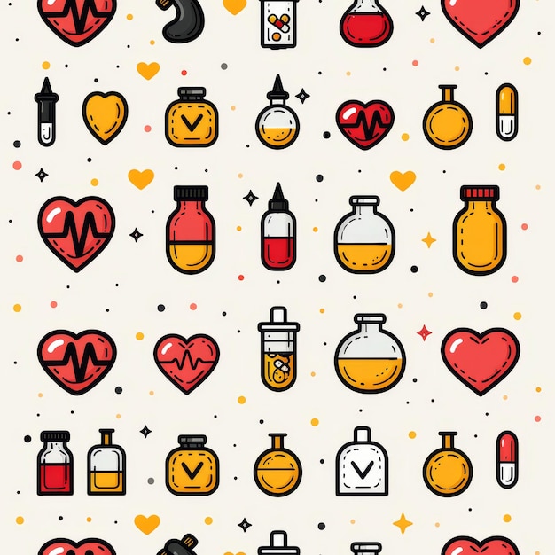 Seamless pattern heart with medicine icons white background