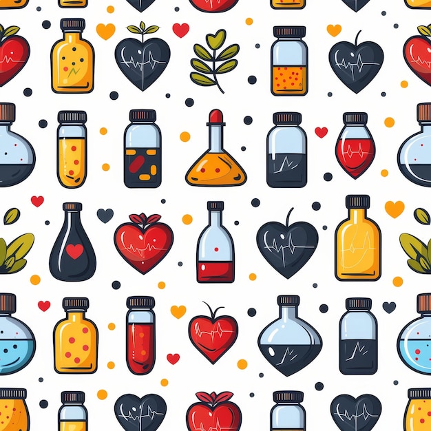 Seamless pattern heart with medicine icons white background