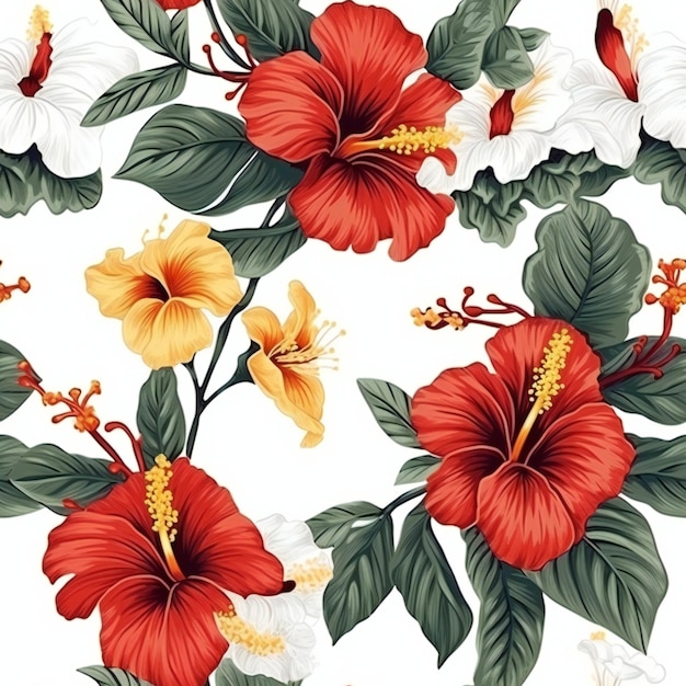 A seamless pattern of hibiscus flowers on a white background.
