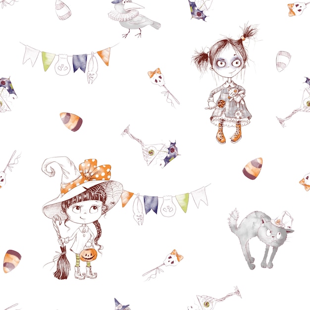 Seamless pattern for the holiday Halloween. Watercolor illustration.