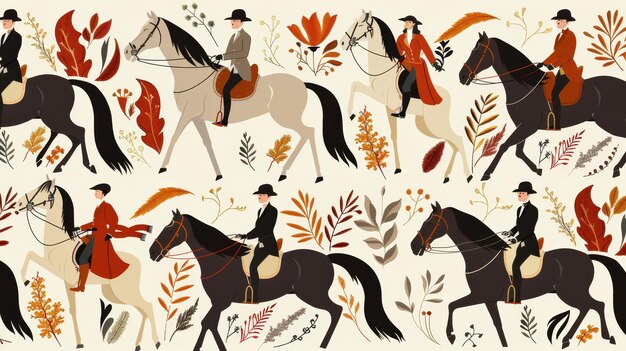 Photo a seamless pattern of horseback riders in autumnal attire with colorful leaves and branches