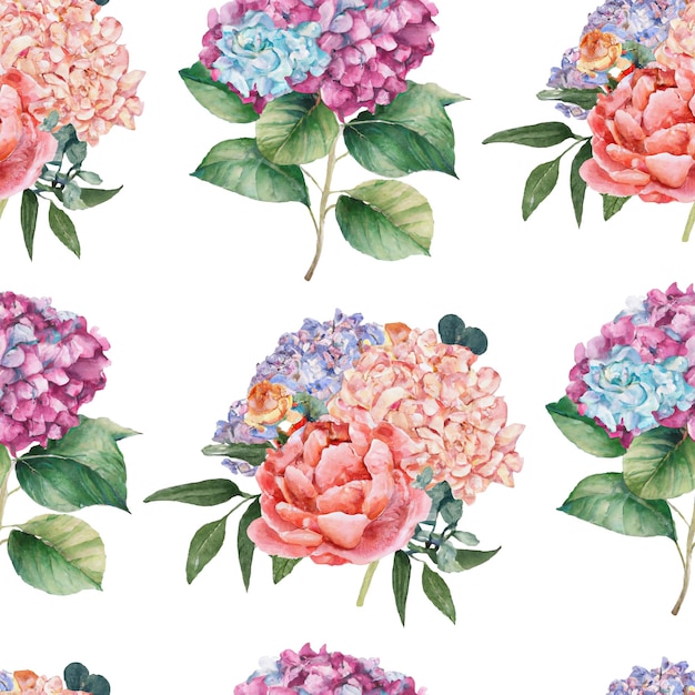 Seamless pattern of hydrangea flowers on a white background