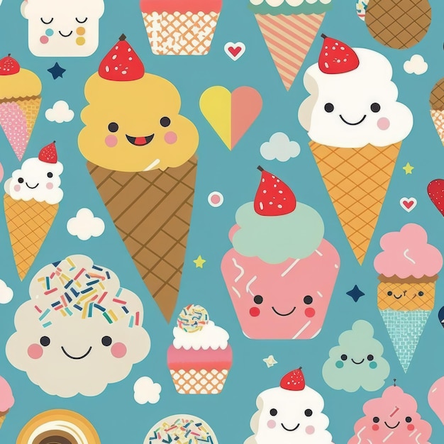 Photo seamless pattern of ice creams with a cute face and a smile on the top.