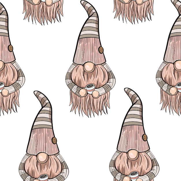 Photo seamless pattern illustration of a gnome with a beard in a hat new year and christmas symbol on