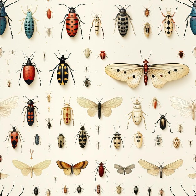 Seamless pattern of insects on a white background Selective soft focus