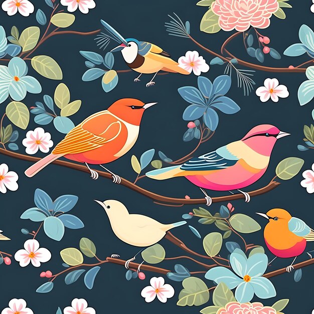 Seamless pattern in Japanese style with birds and flowers