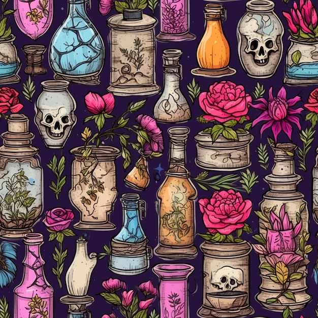 A seamless pattern of jars and flowers with skulls and skulls generative ai