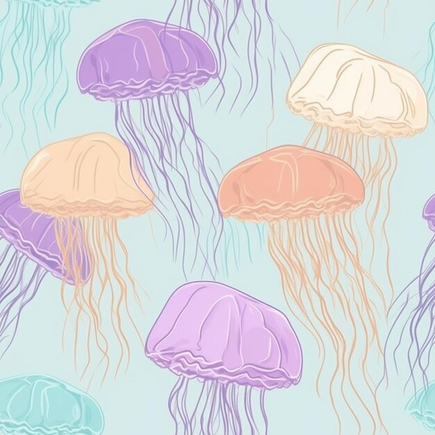 A seamless pattern of jellyfish on a blue background.