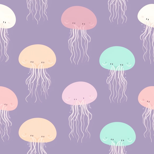 A seamless pattern of jellyfish with pink, blue, and green colors.