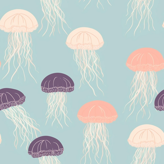 A seamless pattern of jellyfish with pink and purple colors.