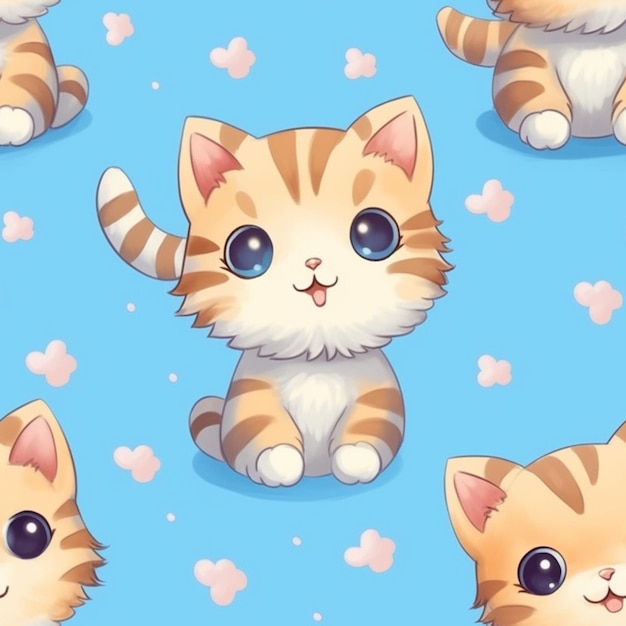 Seamless pattern of a kitten with hearts on a blue background generative ai