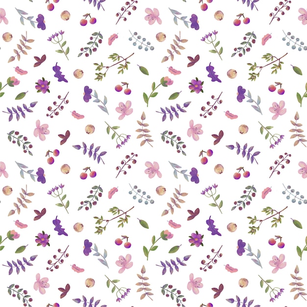 Photo seamless pattern of leaves flowers and berries watercolor flowers berries and plants