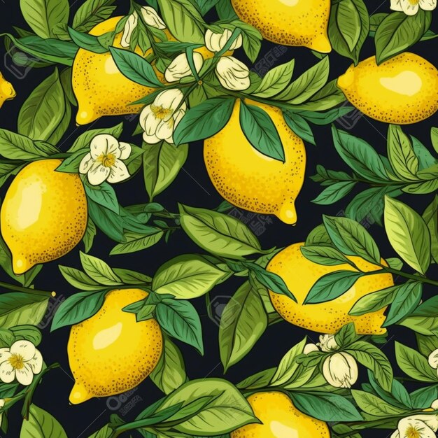 A seamless pattern of lemons and flowers on a black background generative ai