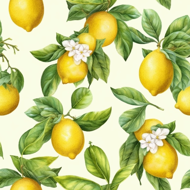a seamless pattern of lemons and flowers on a white background generative ai