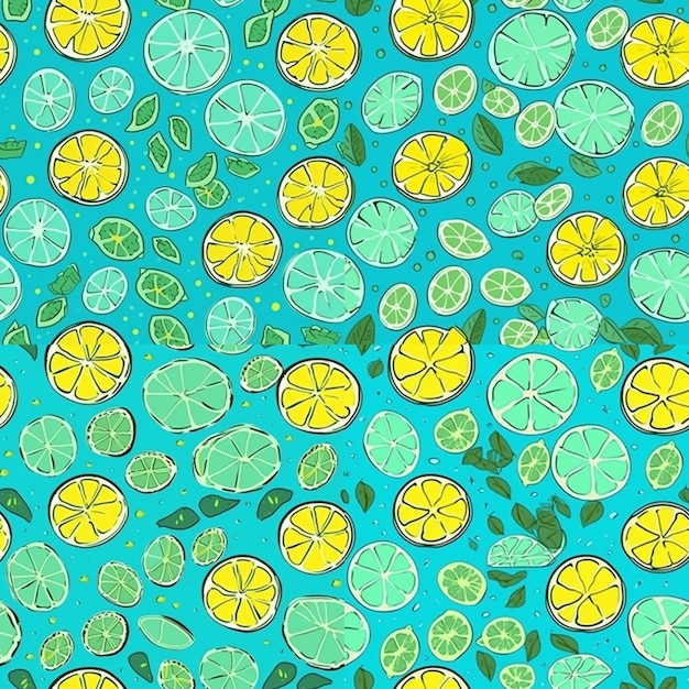 A seamless pattern of lemons and limes on a blue background.