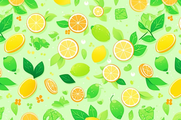 Seamless pattern of lemons and limes on a green background generative ai