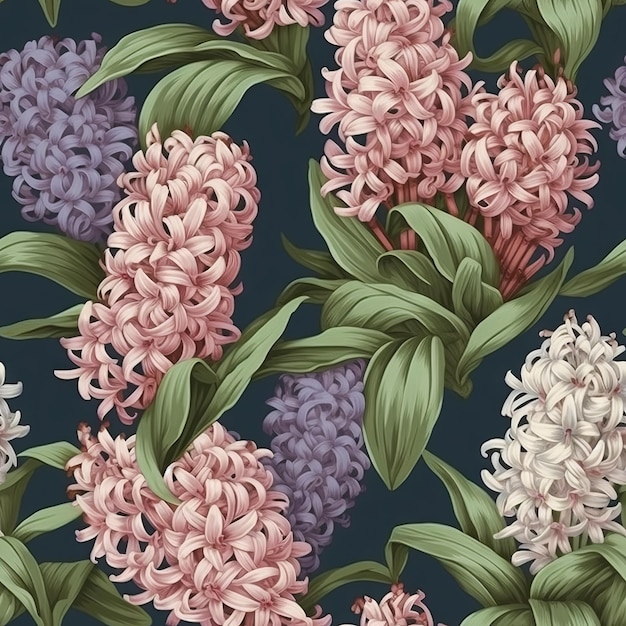 A seamless pattern of lilac flowers on a dark background.