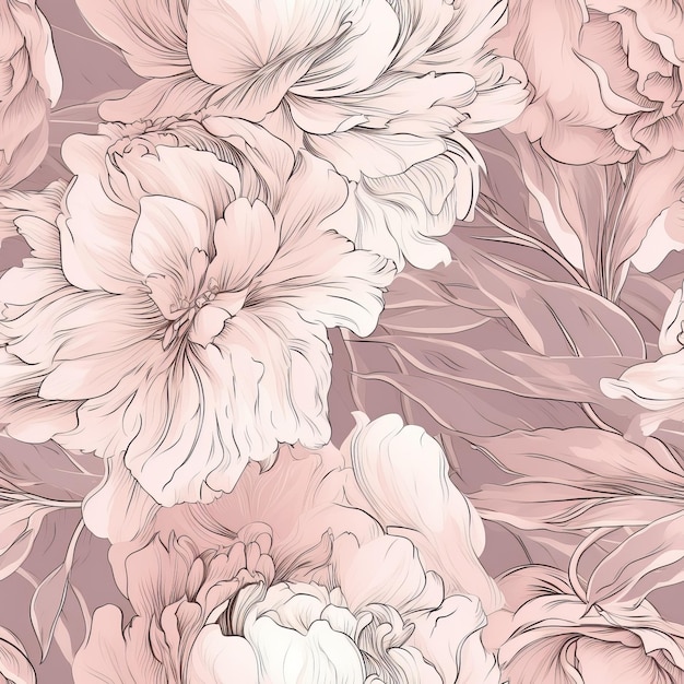 A seamless pattern of liquid abstraction and handdrawn peony flower line art AI generation