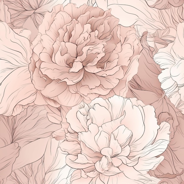 Photo a seamless pattern of liquid abstraction and handdrawn peony flower line art ai generation