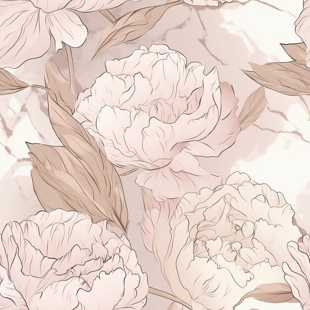 A seamless pattern of liquid abstraction and handdrawn peony flower line art AI generation
