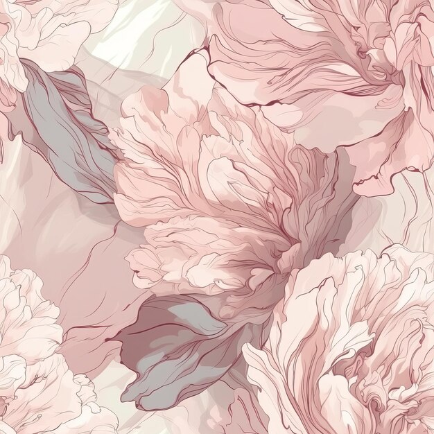 A seamless pattern of liquid abstraction and handdrawn peony flower line art ai generation