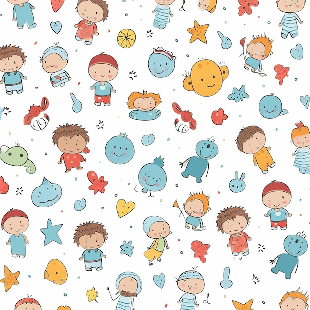 A seamless pattern of little kids playing and singing.