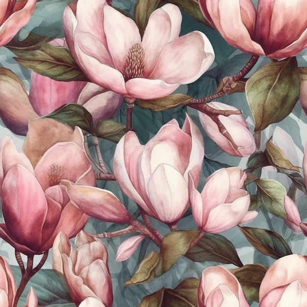 A seamless pattern of magnolia flowers on a blue background.