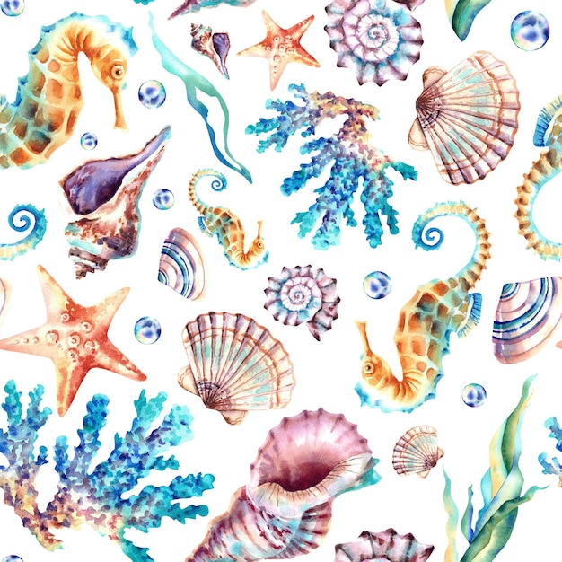 Seamless pattern of marine animals Seashells seahorse starfish Watercolor illustration Background Collage