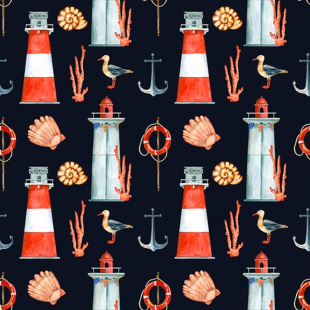 Seamless pattern on a marine theme striped lighthouse handpainted in watercolor on a dark background