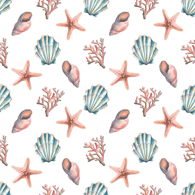 白い背景にサンゴの貝殻とヒトデを持つ海洋のシームレスなパターン クラゲとタツノオトシゴの大規模なセットからの水彩イラスト ファブリック テキスタイルと壁紙用