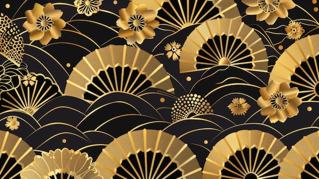 현대적인 무 무 패턴은 금색 배경의 기하학적 요소로 구성되어 있으며 꽃 요소도 갖추고 있습니다.