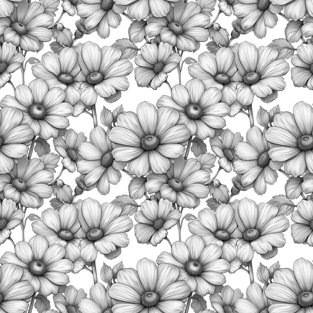 Photo seamless pattern monochromatic contour drawings of flowers