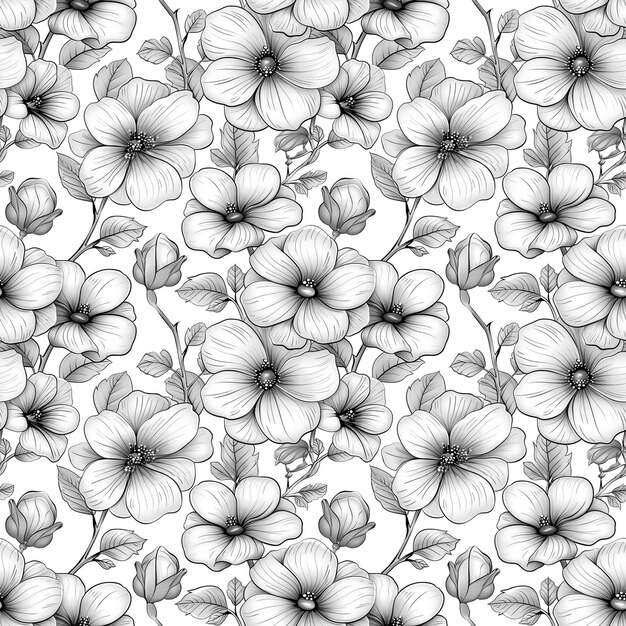 Seamless pattern monochromatic contour drawings of flowers