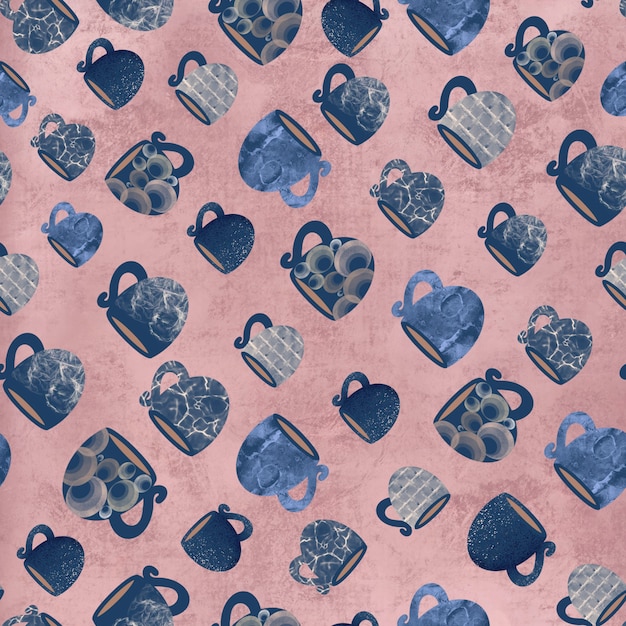 Seamless pattern of mugs and cups on a pink background