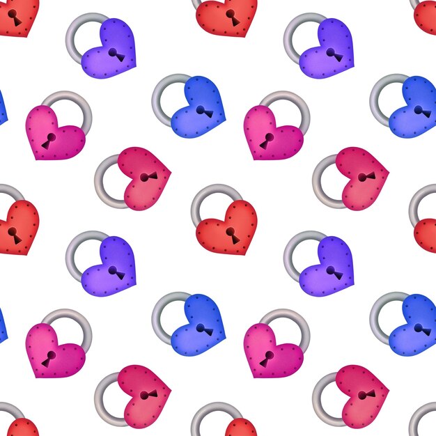 Seamless pattern of multicolored locks with hearts as symbol of love against white background