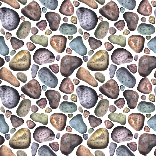 Seamless pattern of multicolored sea stones painted in watercolor on a white background