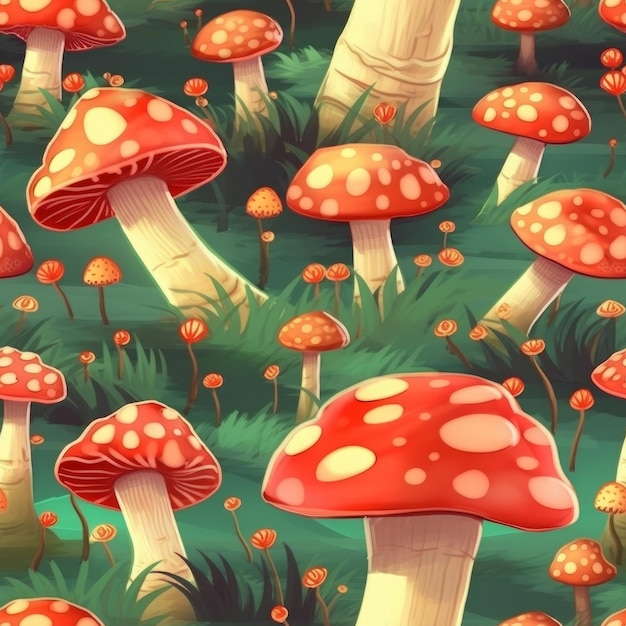 A seamless pattern of mushrooms in a forest with a red and white mushroom on the bottom.