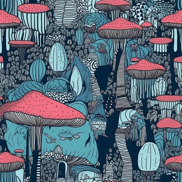 Photo a seamless pattern of mushrooms in a forest.