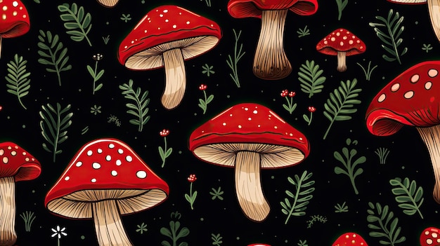 A seamless pattern of mushrooms with red flowers and green leaves.