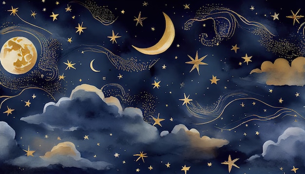 Seamless pattern of the night sky with gold foil constellations stars and clouds Generate ai