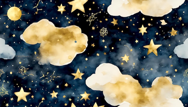 Бесшовный узор ночного неба с созвездиями золотой фольги, звездами и облаками акварелью