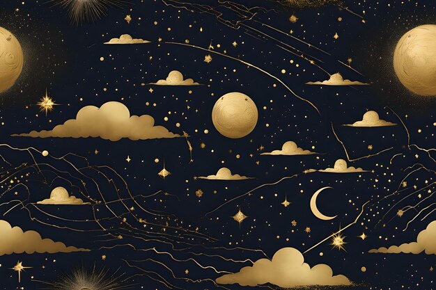 Seamless pattern of the night sky with gold foil constellations stars and clouds