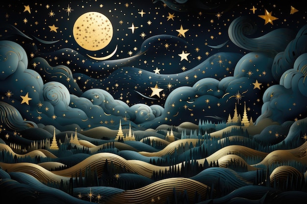 Бесшовный узор ночного неба с созвездиями золотой фольги, звездами и облаками