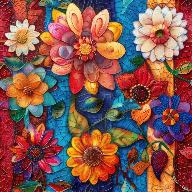 사진 다채로운 모자이크 꽃의 원활한 패턴
