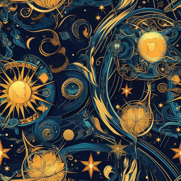 Фото Бесшовный рисунок небесных символов и мистических космических элементов